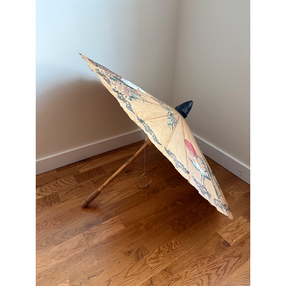 Vintage Hand Painted Paper Bamboo Parasol Crane Bamboo Asian Decor Crane Bird